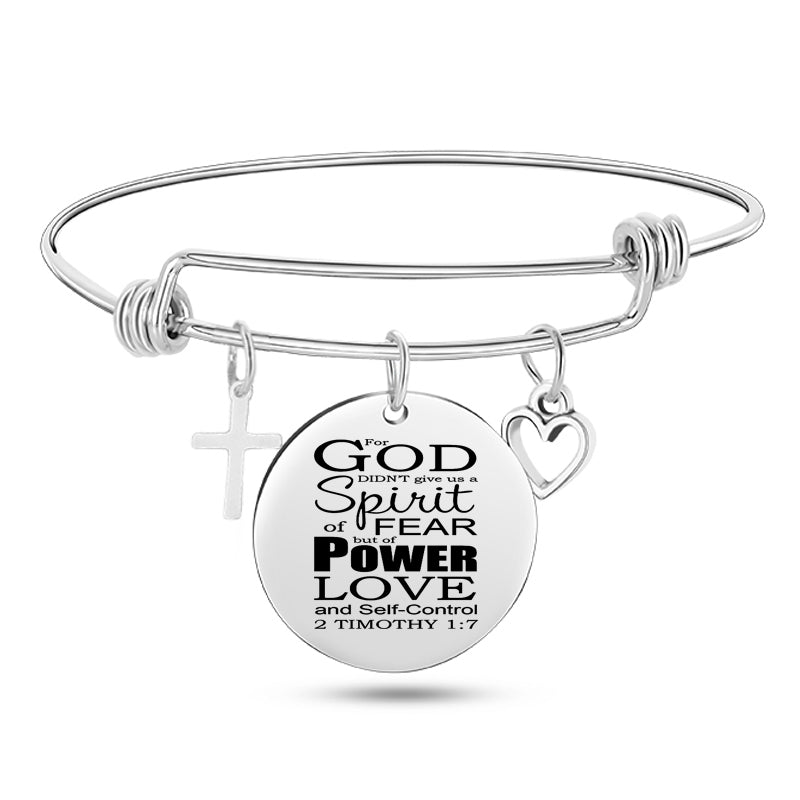 Cross Heart Charms Bible Psalm Stainless Steel Bangle Bracelets