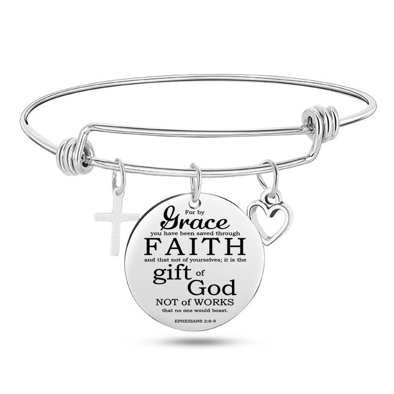 Cross Heart Charms Bible Psalm Stainless Steel Bangle Bracelets