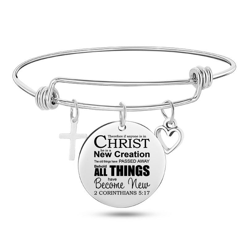 Cross Heart Charms Bible Psalm Stainless Steel Bangle Bracelets