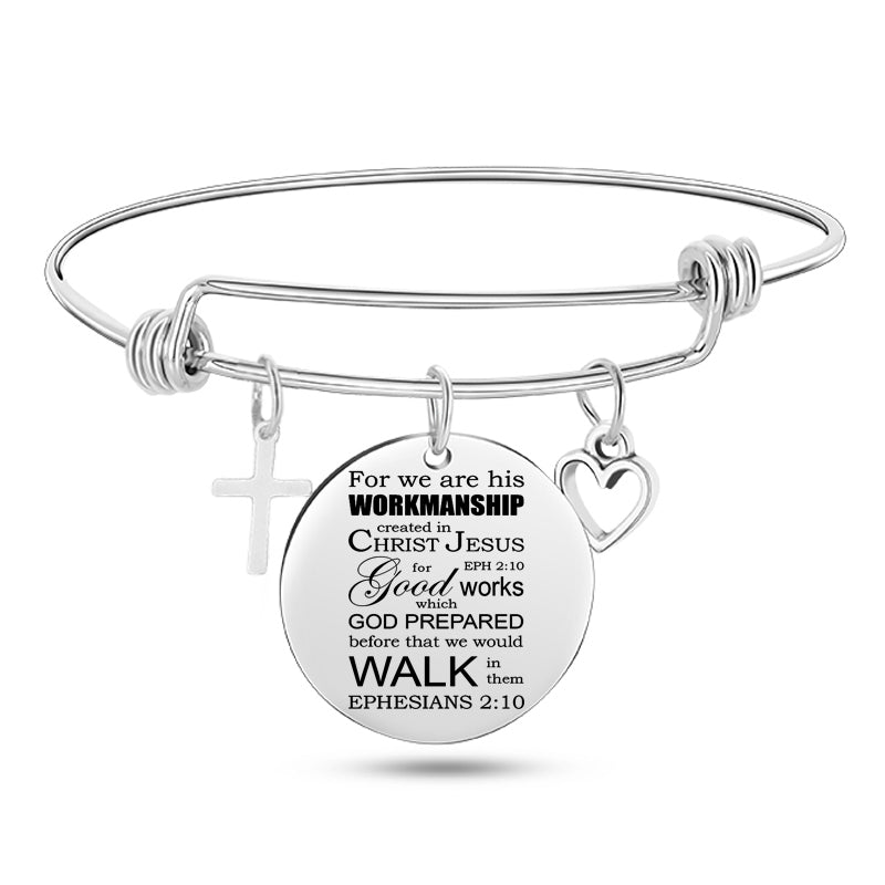 Cross Heart Charms Bible Psalm Stainless Steel Bangle Bracelets