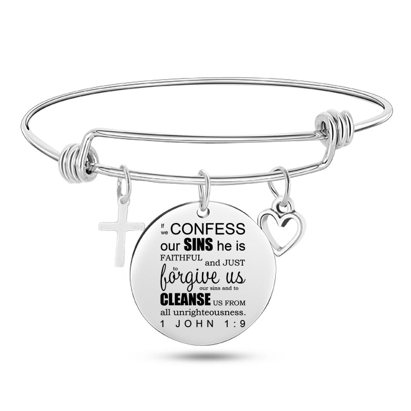 Cross Heart Charms Bible Psalm Stainless Steel Bangle Bracelets