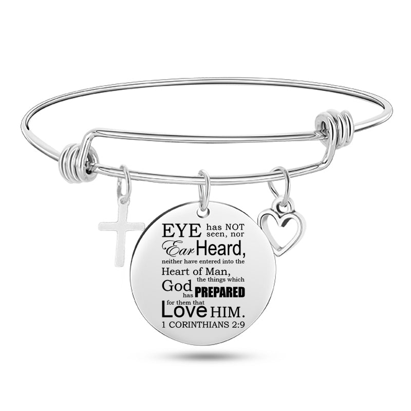 Cross Heart Charms Bible Psalm Stainless Steel Bangle Bracelets