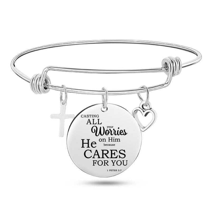 Cross Heart Charms Bible Psalm Stainless Steel Bangle Bracelets