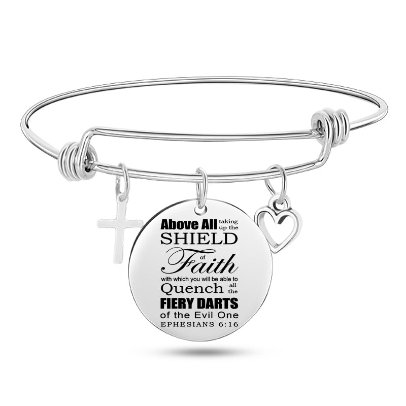 Cross Heart Charms Bible Psalm Stainless Steel Bangle Bracelets