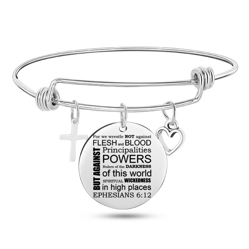 Cross Heart Charms Bible Psalm Stainless Steel Bangle Bracelets