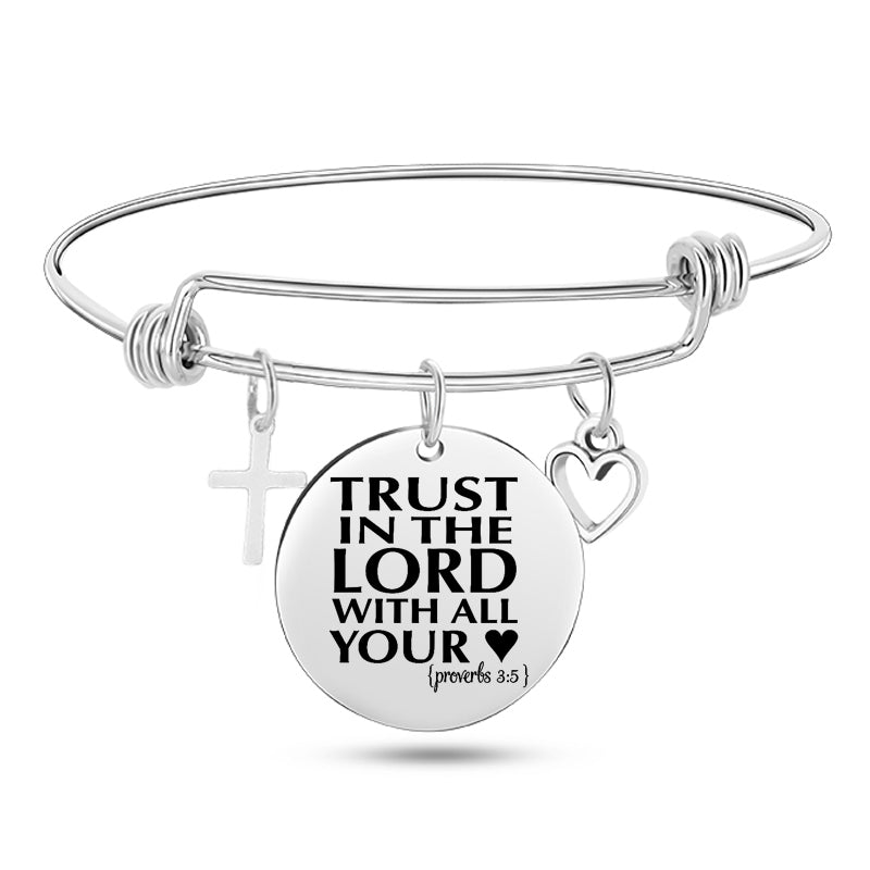 Cross Heart Charms Bible Psalm Stainless Steel Bangle Bracelets